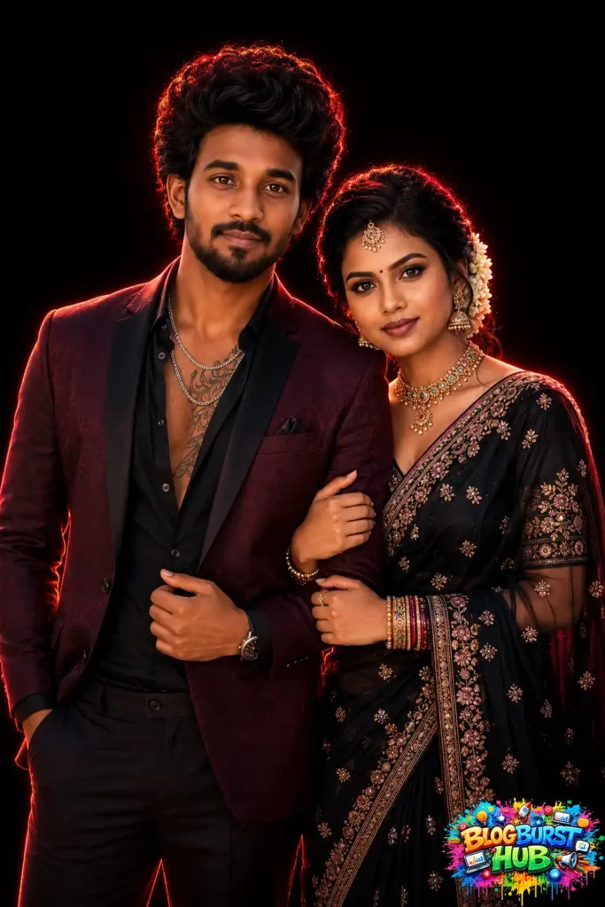 South Indian couple wearing a black saree and maroon blazer posing under cinematic red lighting.
