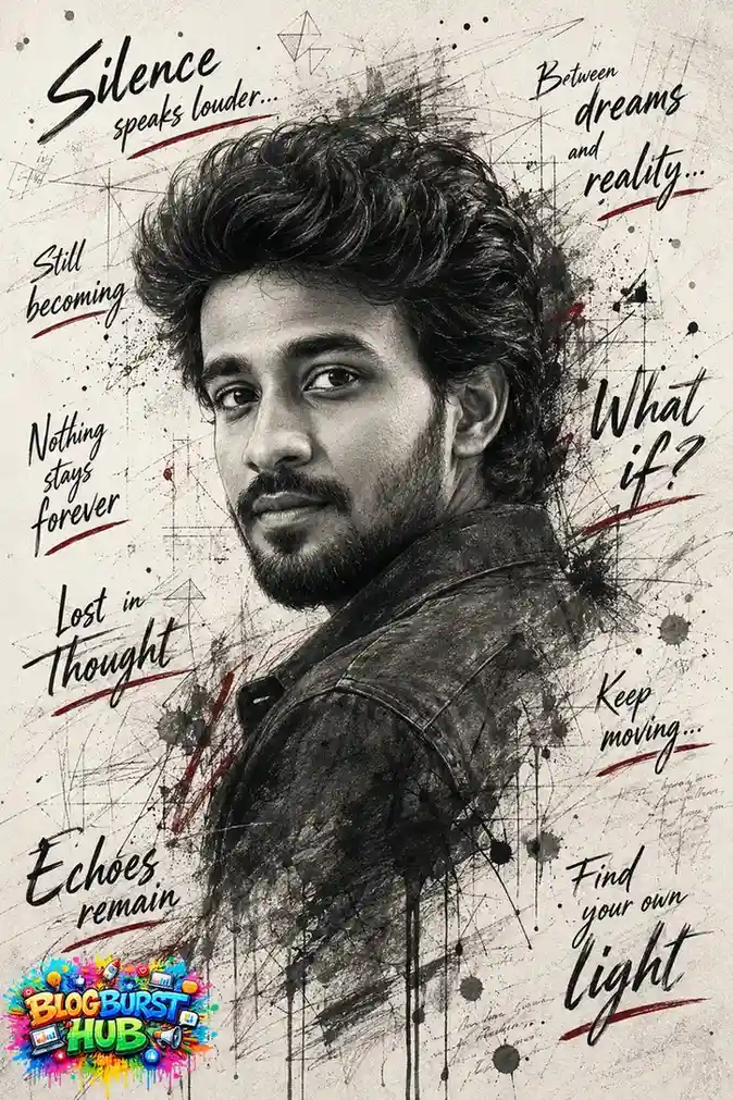 Black and white artistic portrait with ink splashes, handwritten typography, and sketch illustration style.