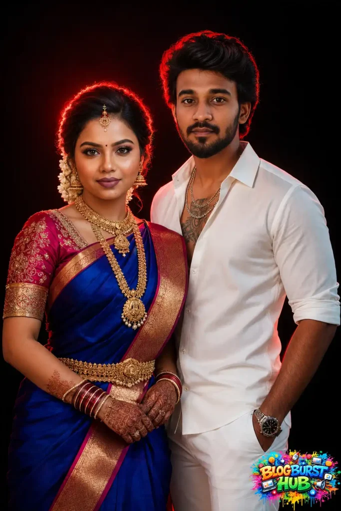 South Indian bride wearing a royal blue silk saree with groom in a white shirt posing for an AI wedding portrait.