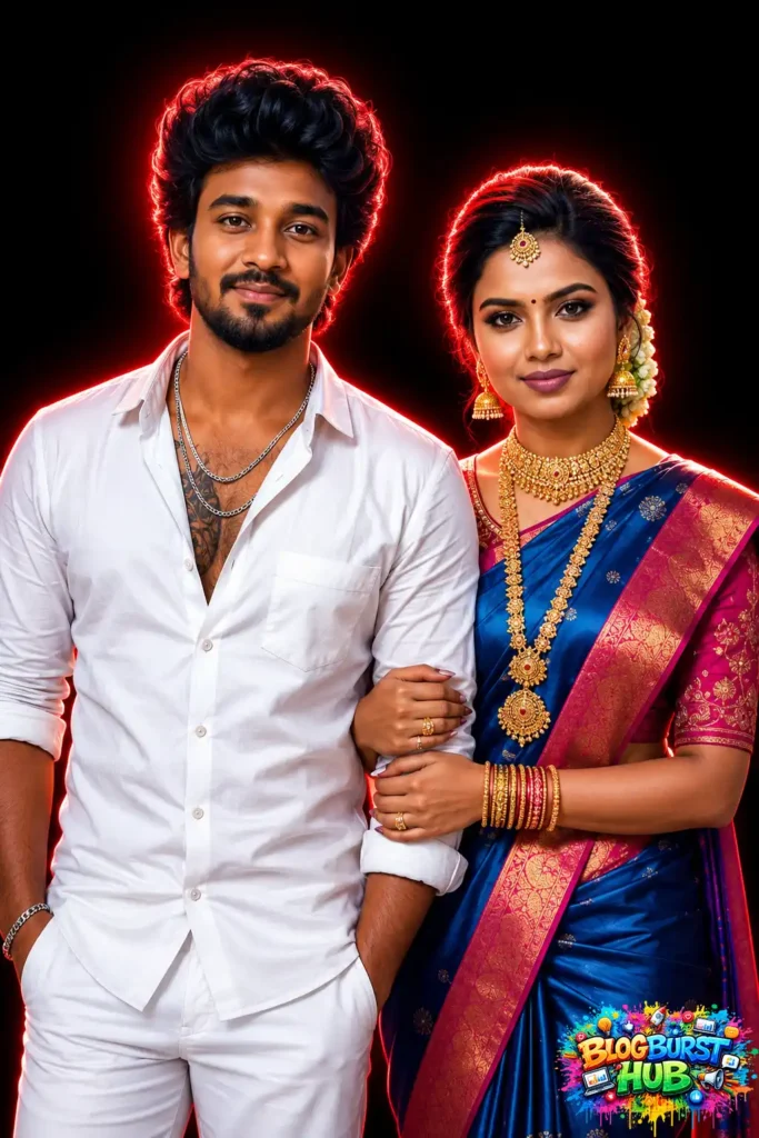 South Indian couple posing together with a royal blue silk saree and modern white outfit under cinematic lighting.