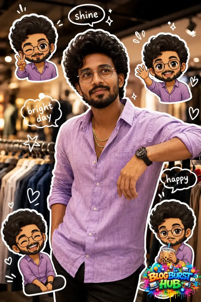 AI-generated cartoon sticker portrait with cute character illustrations, speech bubbles, and social media aesthetic.