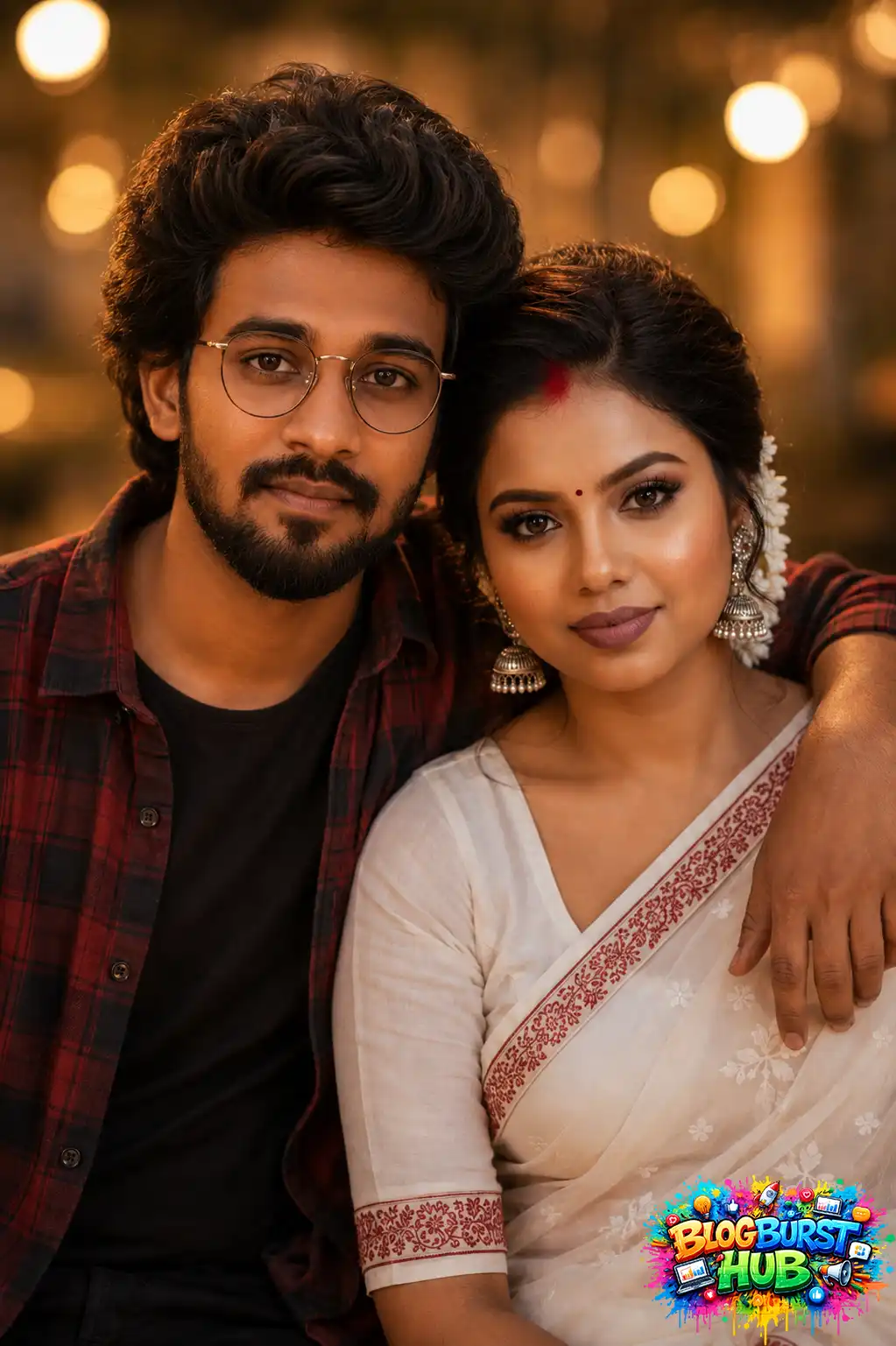 Smiling Indian couple wearing casual outfits while posing for a realistic romantic AI portrait.