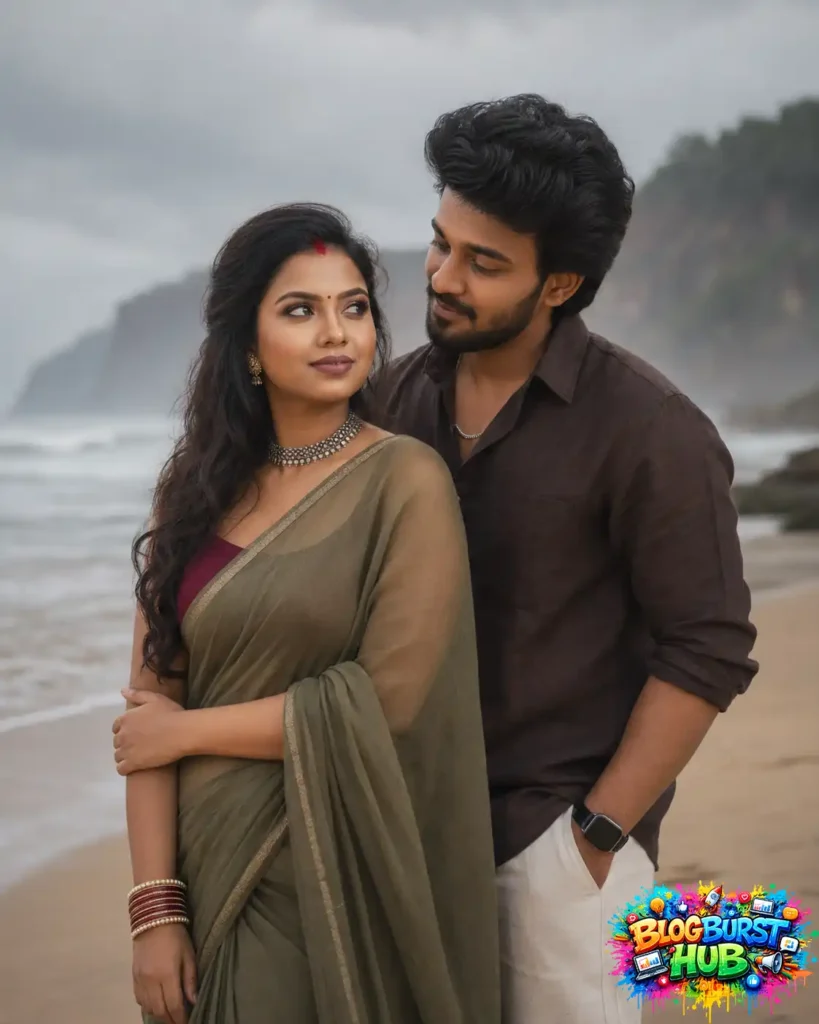 Romantic Indian couple standing together on a peaceful beach created with ChatGPT AI image prompts.