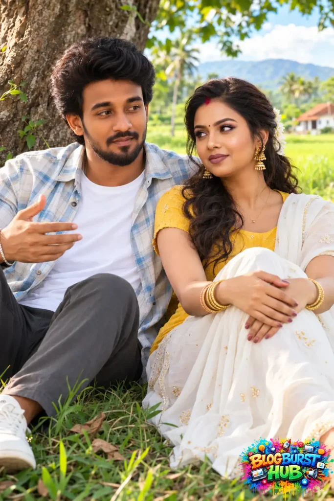 Young Indian couple sitting beneath a tree in a countryside landscape created with ChatGPT AI prompts.