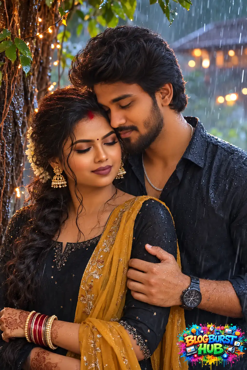 Romantic Indian couple embracing in the rain at night with cinematic lights generated using ChatGPT AI.