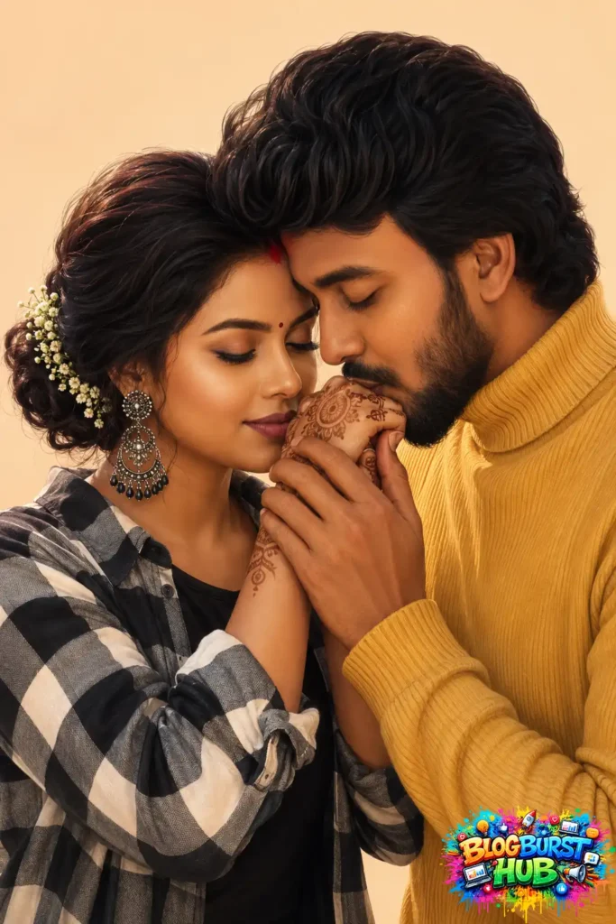 Indian couple sharing a romantic hand kiss in a close-up AI-generated portrait.
