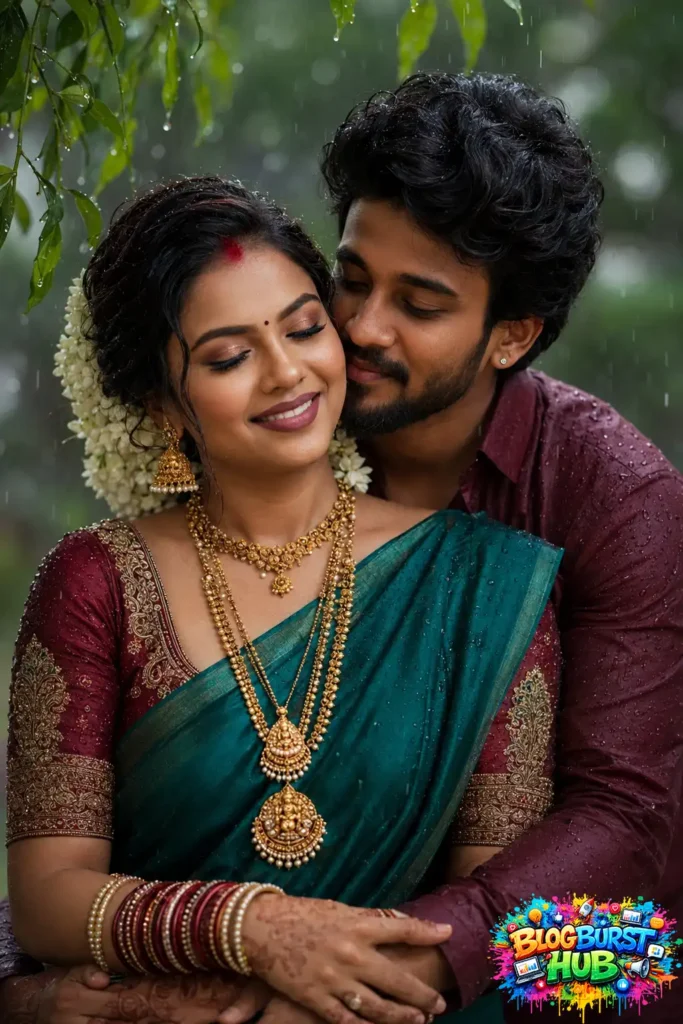 Romantic Indian couple hugging in the rain wearing traditional outfits, AI-generated using ChatGPT couple photo prompts.