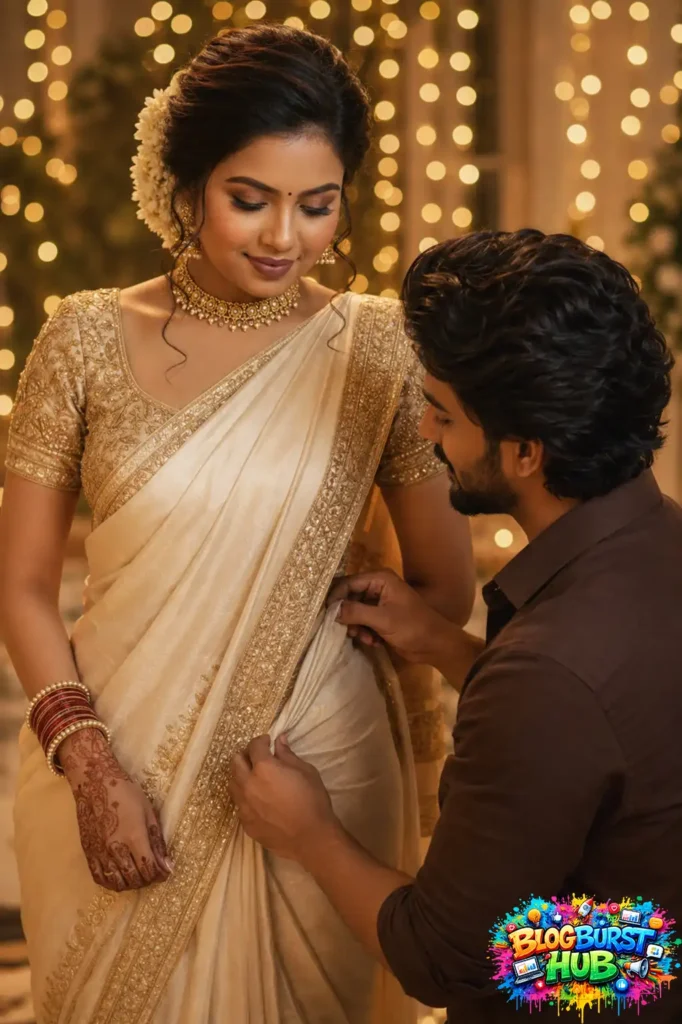 Indian couple sharing a romantic moment while adjusting a traditional saree created using ChatGPT AI.