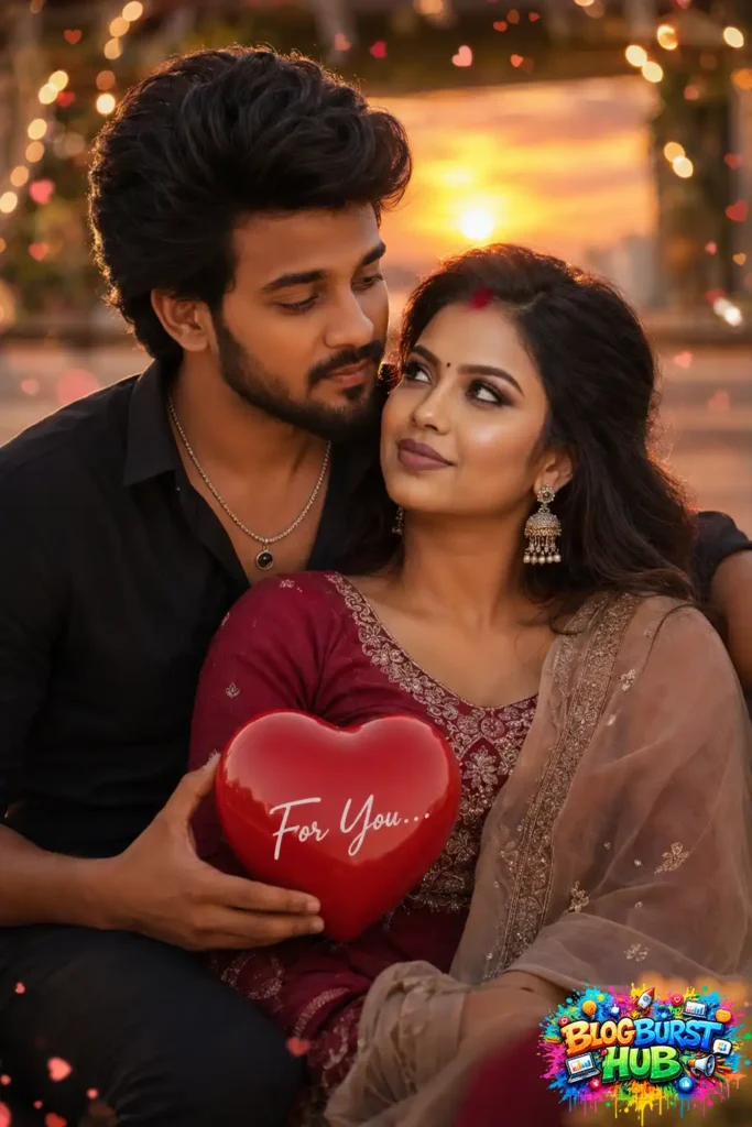 Indian couple holding a heart-shaped gift during sunset, created with ChatGPT AI image prompts.