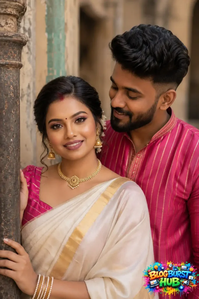 Traditional Indian couple wearing a Kerala saree and festive attire in an AI-generated romantic portrait created with ChatGPT.