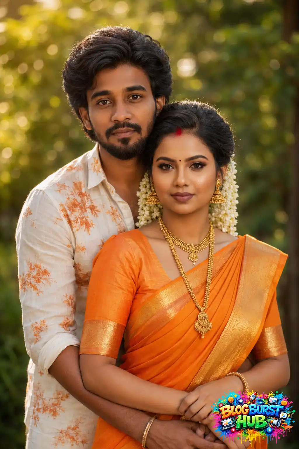 Romantic Indian couple wearing an orange silk saree and traditional attire embracing outdoors, created using ChatGPT AI couple photo prompts.