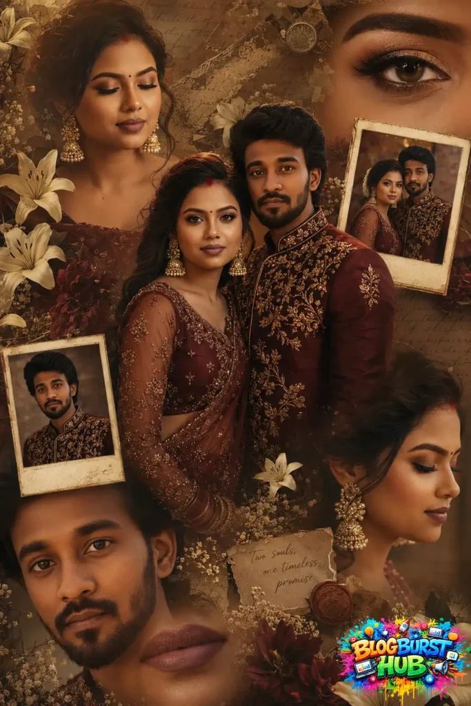 Vintage romantic collage featuring an Indian couple with artistic overlays generated using ChatGPT AI image prompts.