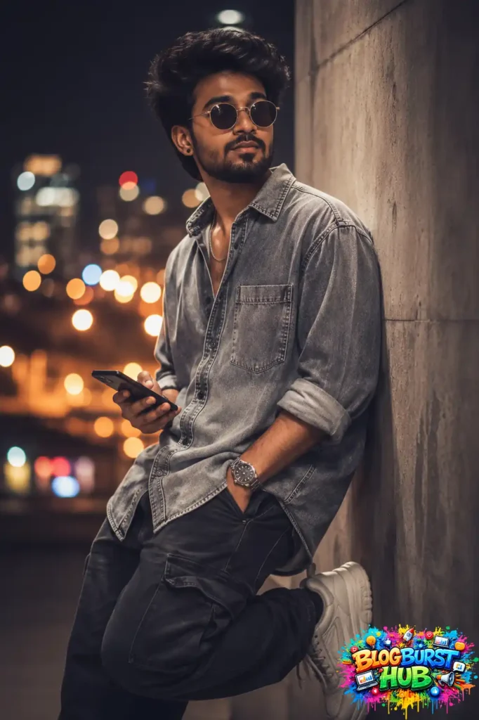 Young man posing against a concrete wall at night with cinematic bokeh city lights, shallow depth of field, and movie-style lighting.