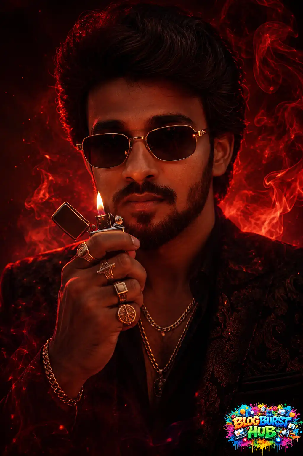 Cinematic portrait with red smoke created using ChatGPT editing prompts.