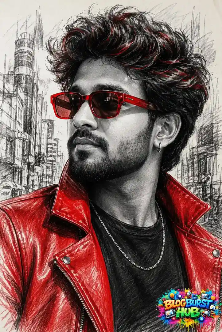 AI-generated cinematic sketch portrait of a stylish man wearing a red leather jacket and red sunglasses with an urban city background in black-and-white pencil art.
