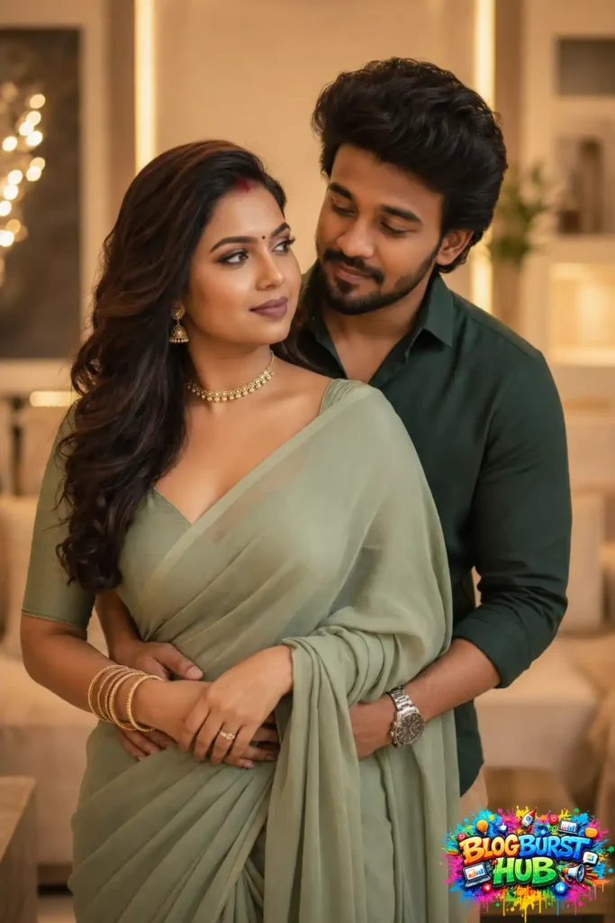 Romantic Indian couple embracing indoors with soft warm lighting and realistic AI photography.