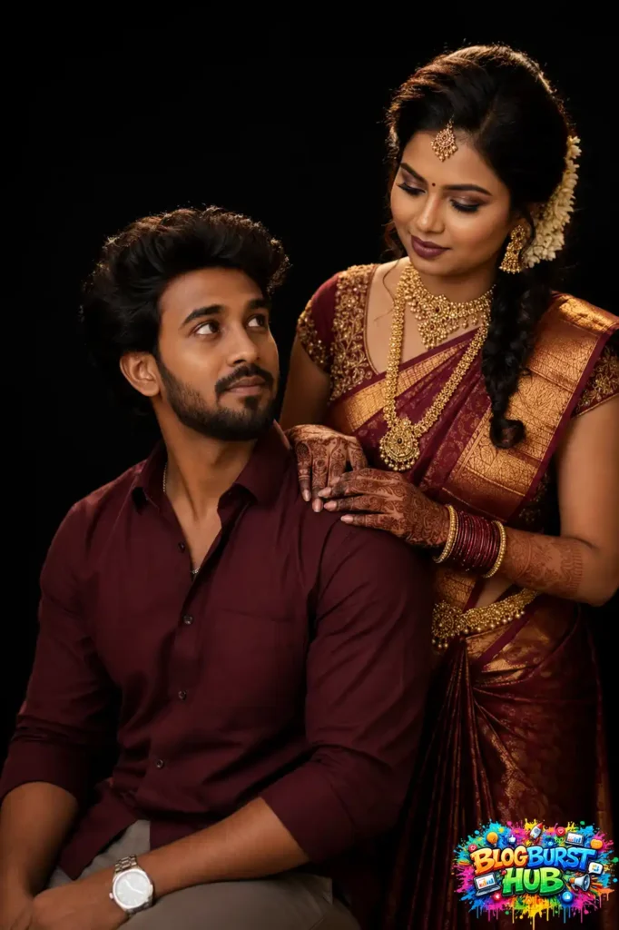 Tamil bride standing behind the groom with her hands resting gently on his shoulders.