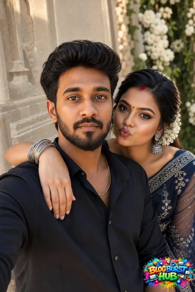 Indian couple taking a romantic outdoor selfie together, perfect for Gemini AI love prompts.