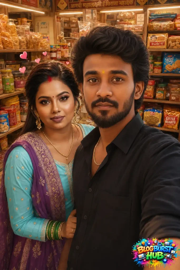 Cute Indian couple taking a selfie together inside a grocery store, inspiring fun couple prompts for Gemini AI.