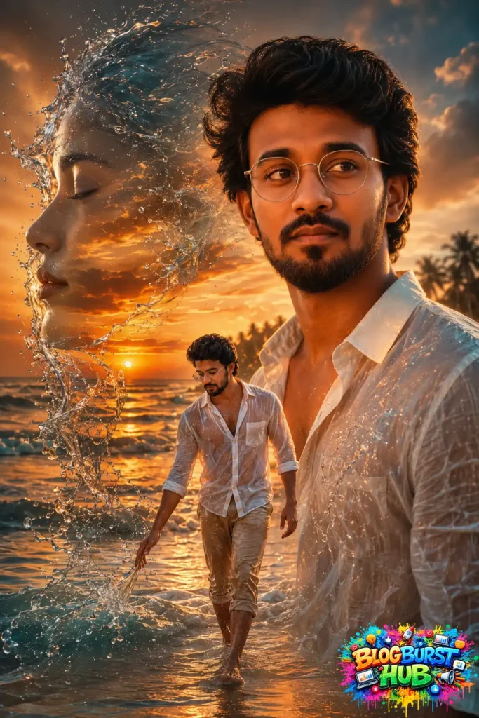 Double exposure cinematic portrait featuring a beach sunset, water splash effects, and realistic photography.