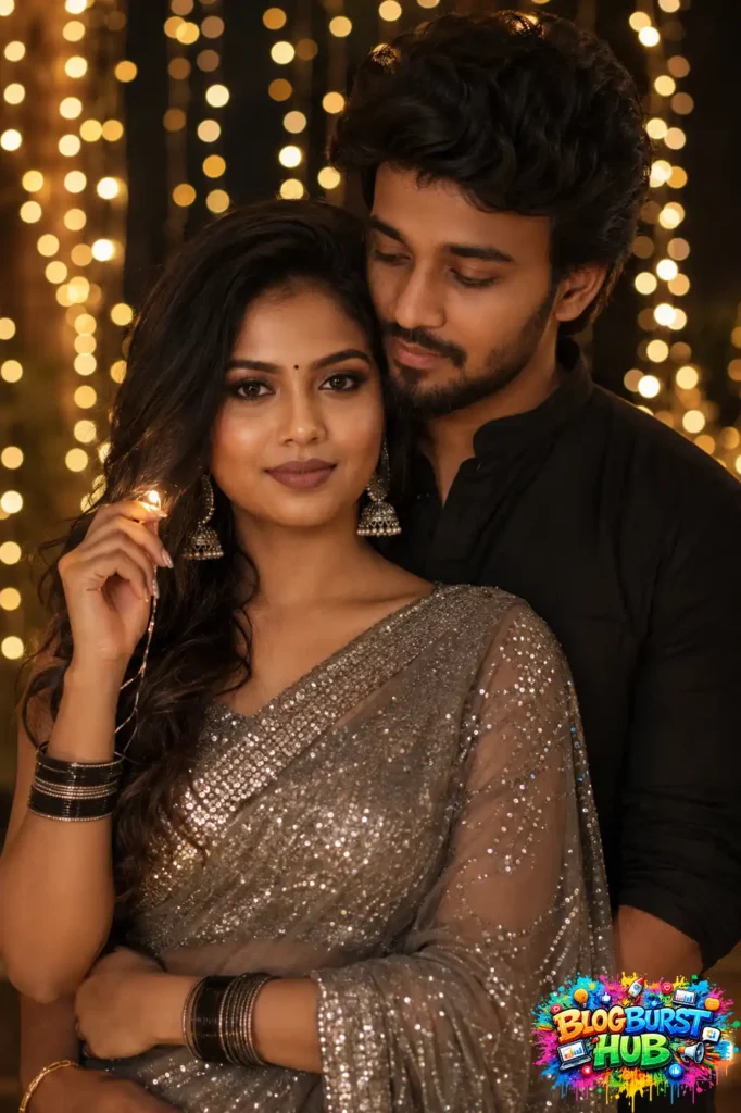Romantic Indian couple standing together under glowing fairy lights with cinematic bokeh background.