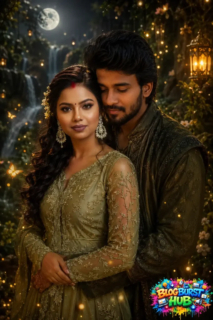 Fantasy AI-generated romantic couple embracing beneath moonlight near a waterfall.