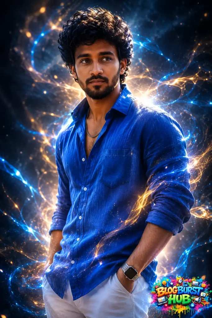 Young man surrounded by glowing blue and golden energy effects in a cinematic fantasy portrait.
