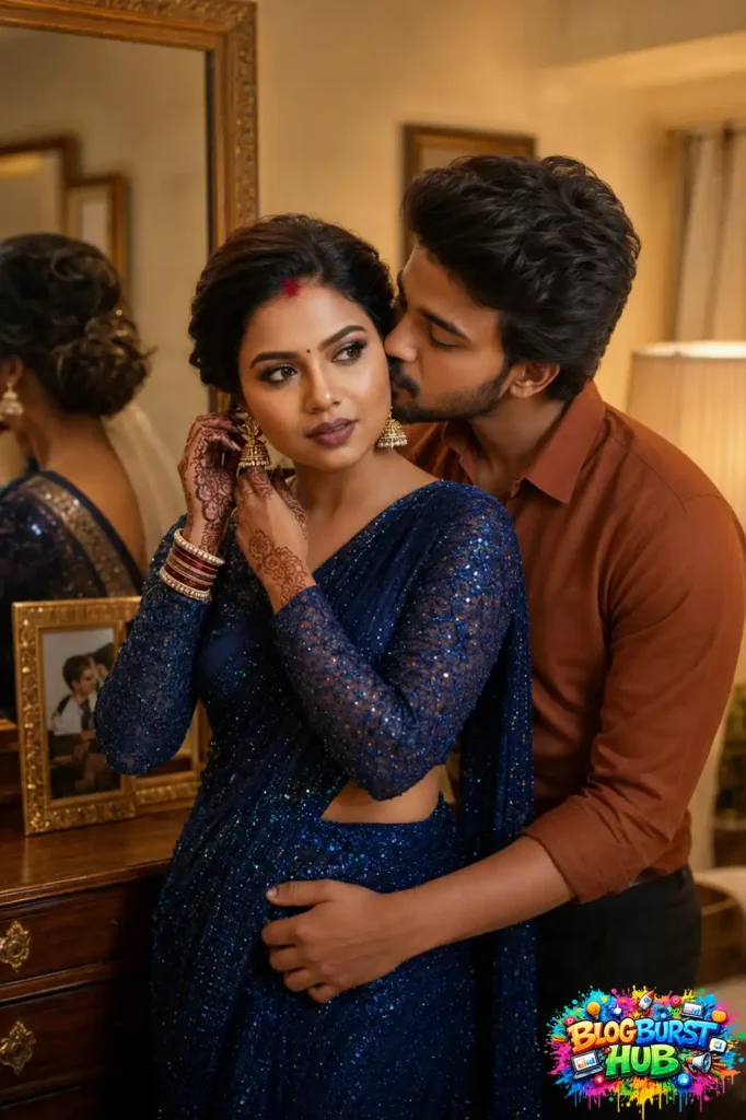 Indian couple sharing a romantic moment with the husband kissing his wife's cheek, ideal for Gemini AI relationship prompts.