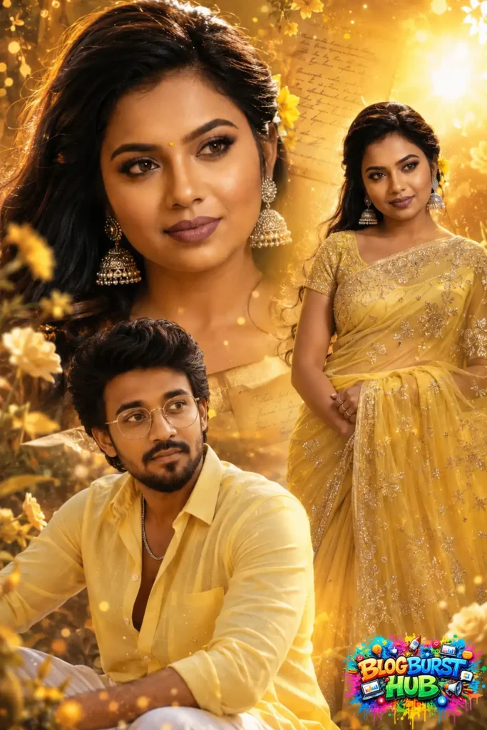 Golden-themed AI collage featuring romantic couple portraits and cinematic storytelling.