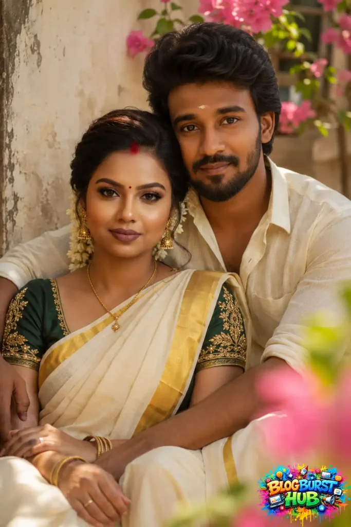 Traditional Kerala couple sitting together in a peaceful outdoor setting, inspiring Gemini AI romance prompts.