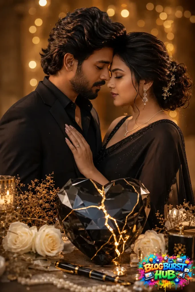 Elegant AI-generated couple in black outfits with luxury candlelight and crystal heart decoration.