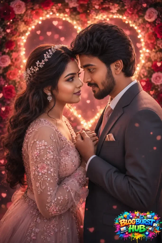 Elegant AI wedding couple standing inside a glowing floral heart with romantic lighting.