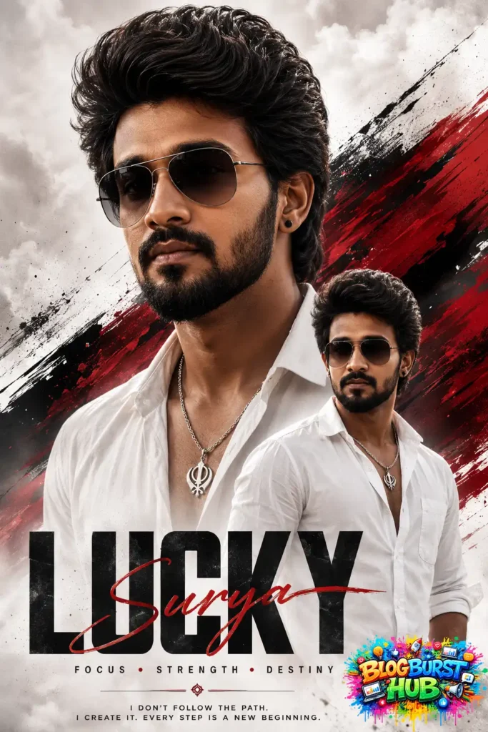 Stylish fashion poster featuring a confident man wearing sunglasses and a white shirt with dramatic graphic background.