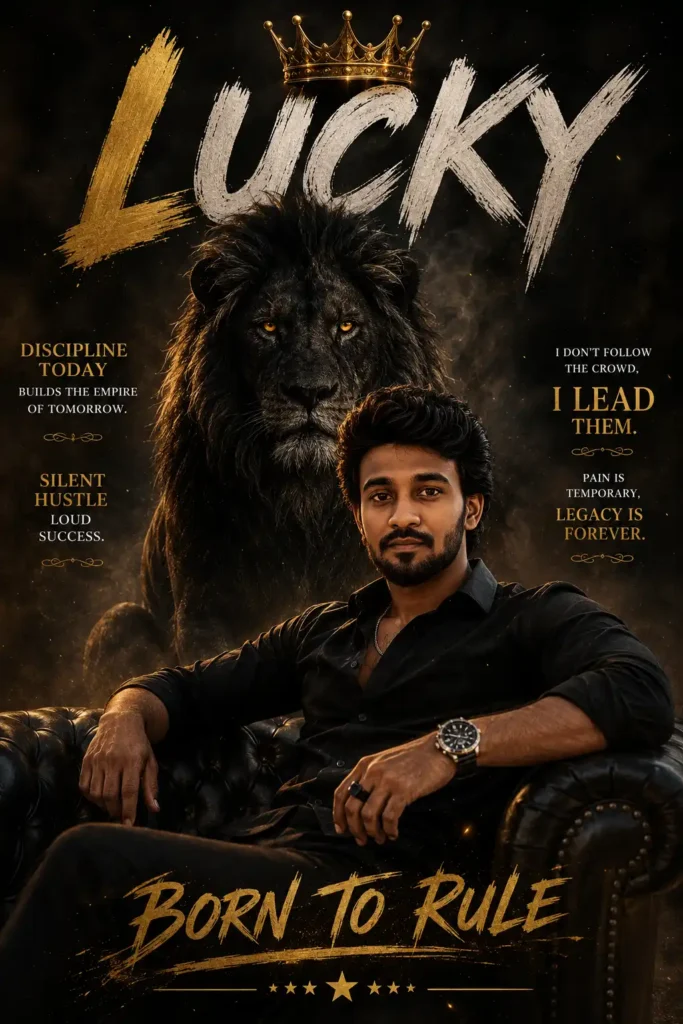 Luxury motivational poster featuring a confident man seated in front of a majestic lion with cinematic lighting.