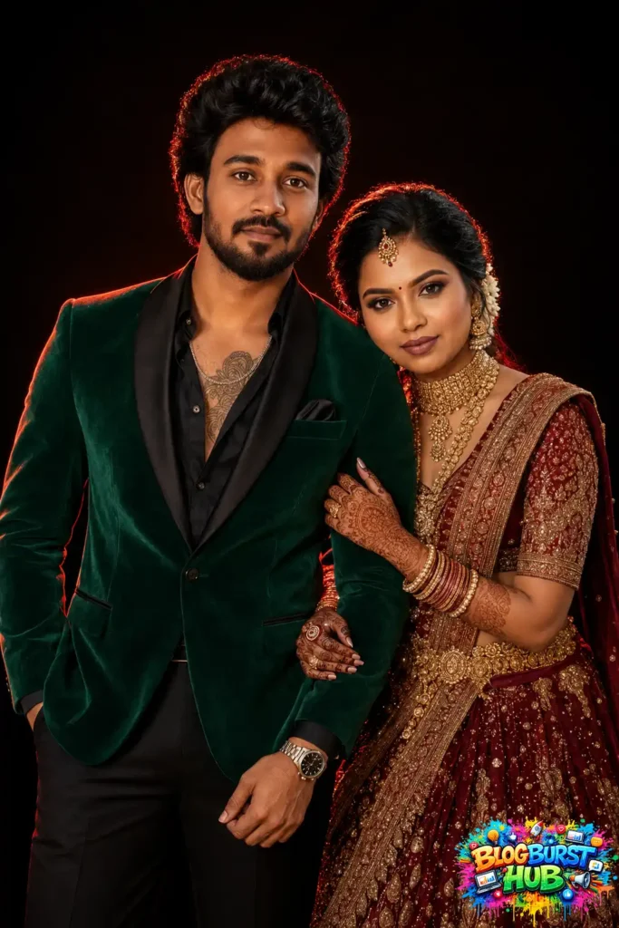 Stylish South Indian engagement couple wearing a green blazer and bridal lehenga in a luxury portrait.