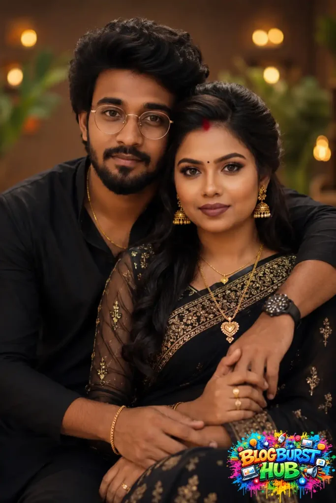 Stylish South Indian couple wearing coordinated black outfits in an elegant indoor portrait.