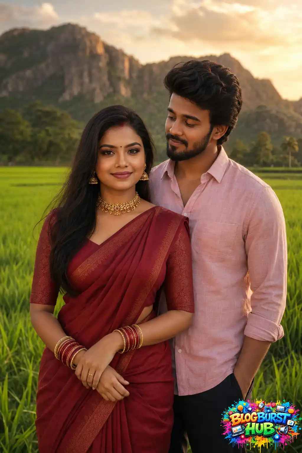 A romantic Indian couple standing together in a lush green landscape surrounded by mountains during golden hour.