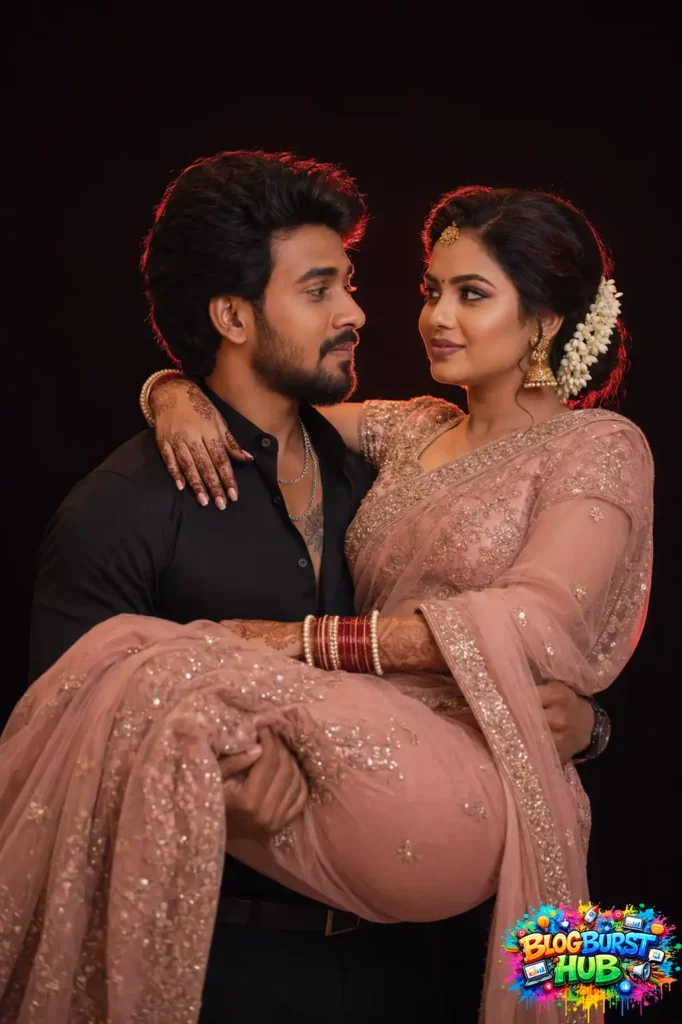 South Indian groom carrying his bride wearing a pink embroidered saree during a romantic portrait session.
