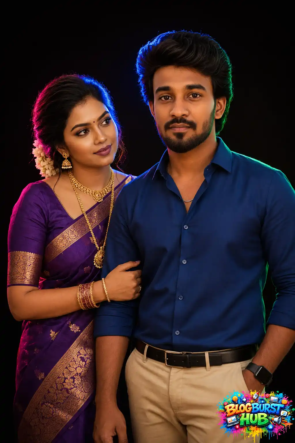 South Indian woman in a purple saree holding her partner wearing a blue shirt under colorful studio lights.