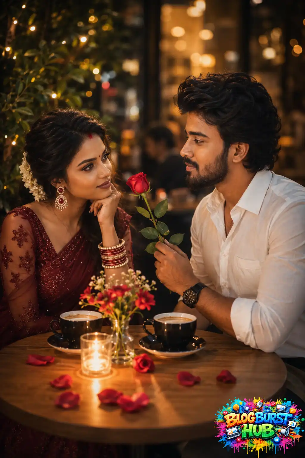 Romantic AI-generated couple enjoying a candlelight coffee date at a cozy café with a red rose, warm fairy lights, and cinematic bokeh background.