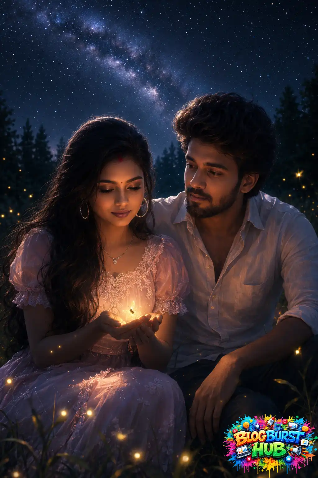 AI-generated romantic couple surrounded by glowing fireflies beneath a star-filled night sky.