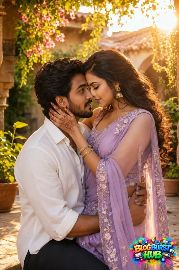 Romantic Indian couple embracing in a flower garden during golden hour with cinematic lighting and realistic AI photography.