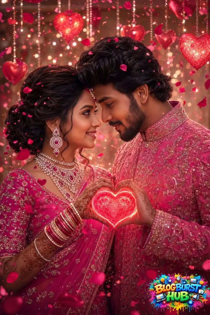 AI-generated romantic Indian couple creating a glowing heart with their hands in pink wedding attire.