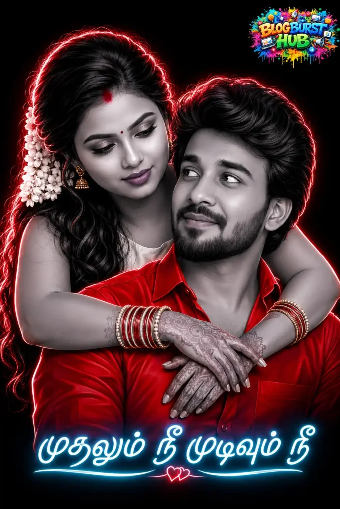 Black and white romantic AI artwork of a South Indian couple with glowing red neon effects and Tamil text.