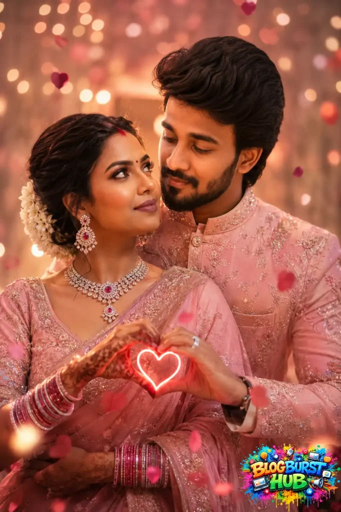 Romantic AI-generated Indian wedding couple portrait in pink traditional attire with glowing heart and cinematic lighting.