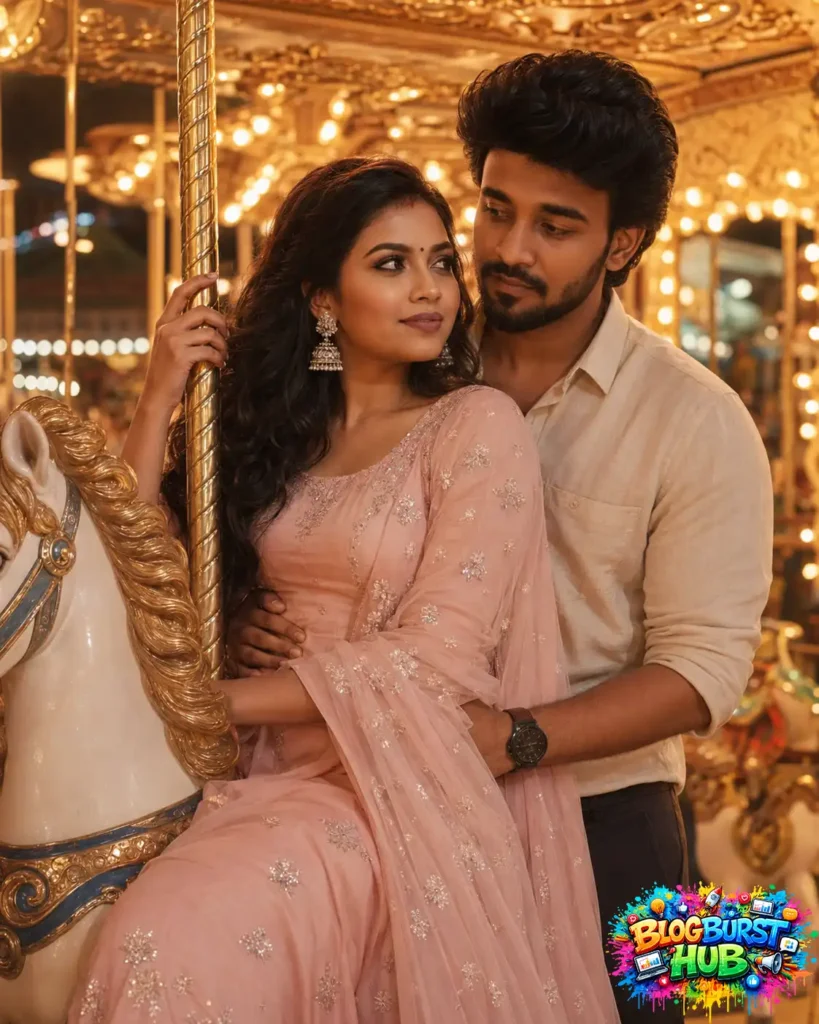 Romantic couple posing beside a vintage carousel with cinematic night lighting and realistic AI photography.