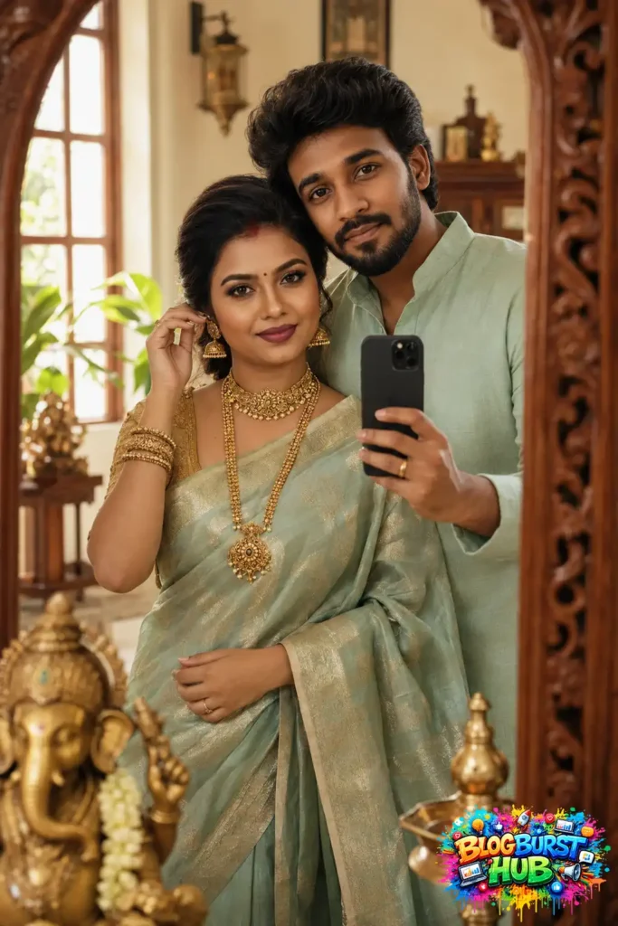 Romantic Indian couple taking a mirror selfie inside a beautifully decorated home wearing traditional outfits.