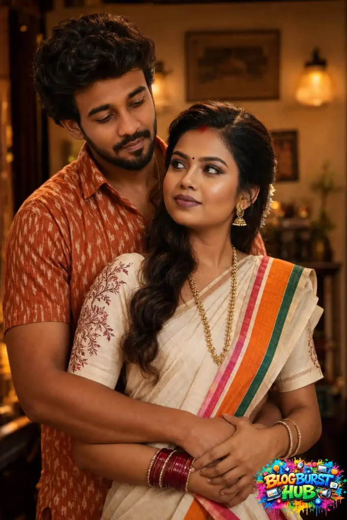 Romantic Indian couple in traditional Kerala attire hugging lovingly, perfect inspiration for couple prompts for Gemini AI.