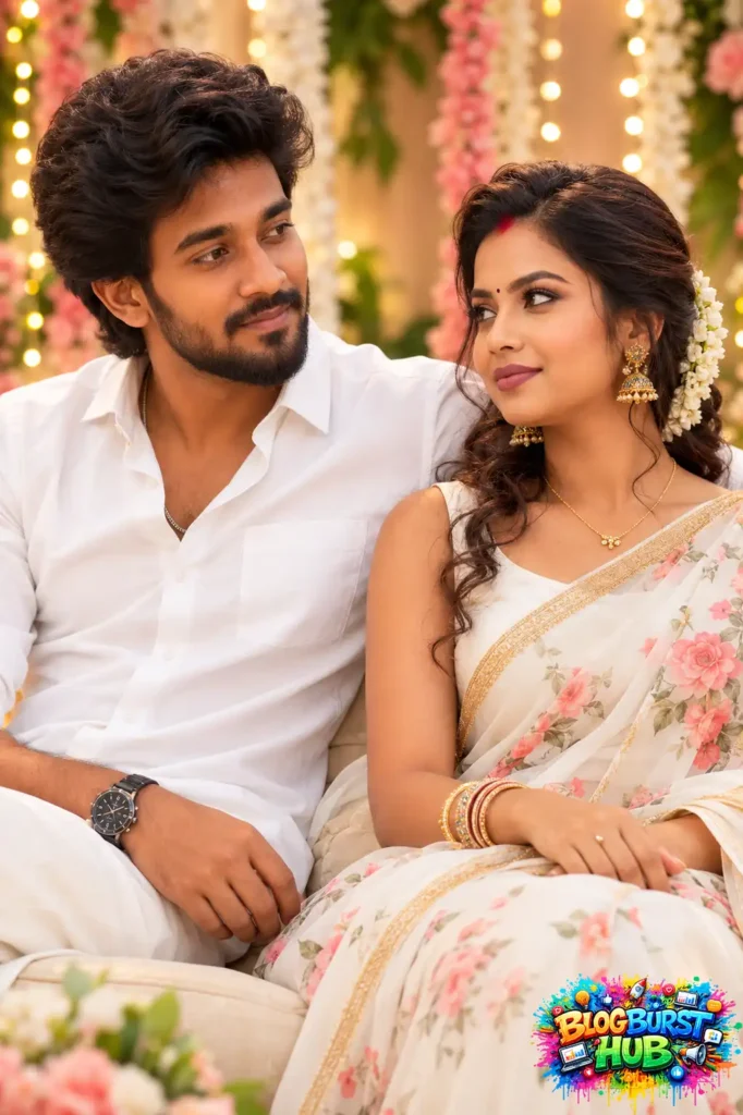 Elegant Indian couple sitting together in traditional outfits with floral decorations and warm bokeh lights.