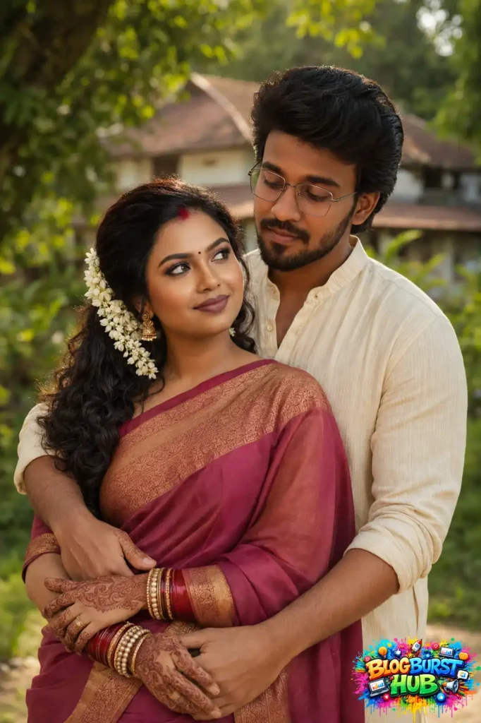 Indian couple hugging in a peaceful garden wearing traditional clothing, ideal for Gemini AI romance prompts.